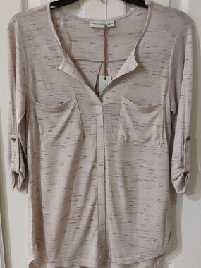 Yuni Los Angeles Women's Beige 3/4 Sleeve Rayon Pullover Shirt Top Small